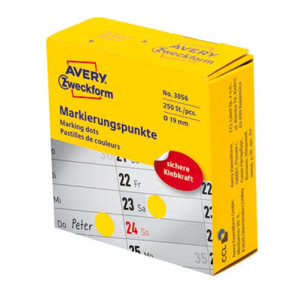 Avery zweckform markierungspunkte 19mm 3856 gelb, spender 250 stück - Avery-zweckform-3856-4004182038567