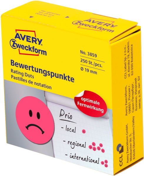 Avery zweckform bewertungspunkte gesicht 19mm 3859 rot, spender 250 stück - Avery-zweckform-3859-4004182038598