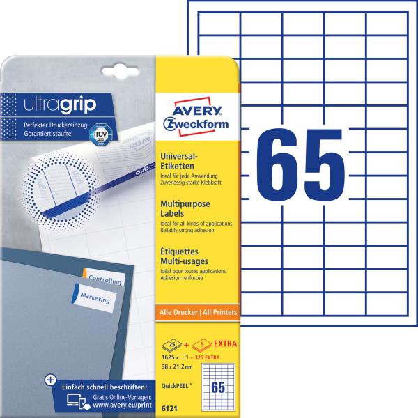 Avery zweckform universal-etiketten 38x21,2mm 6121 weiss 1950 stk./25 + 5 blatt - Avery-zweckform-6121-4004182061213