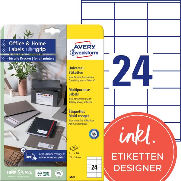 Avery zweckform etiketten 70x36mm 6122 weiss 240 stk./10 blatt - Avery-zweckform-6122-4004182433089