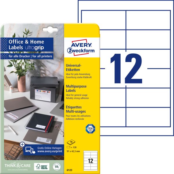 Avery zweckform etiketten 97x42,3mm 6123 weiss 120 stk./10 blatt - Avery-zweckform-6123-4004182061237