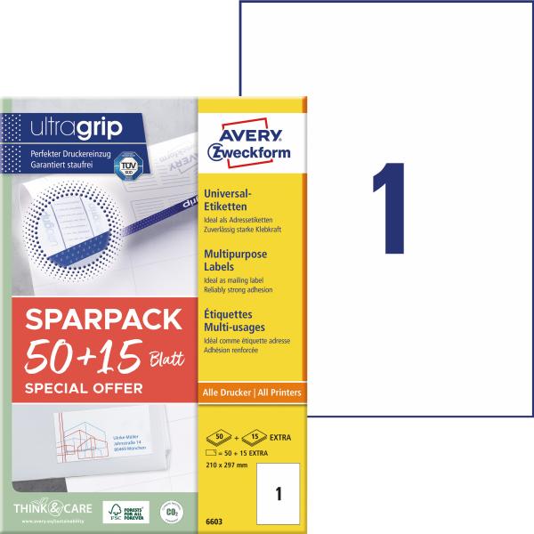 Avery zweckform universal-etiketten 210x297mm 6603z weiss 65 stk./65 blatt - Avery-zweckform-6603z-4004182066034
