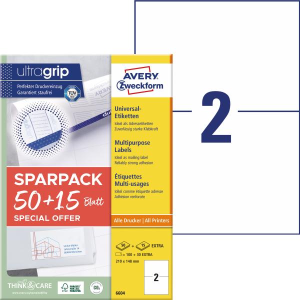Avery zweckform universal-etiketten 210x148mm 6604z weiss 130 stk./65 blatt - Avery-zweckform-6604z-4004182066041