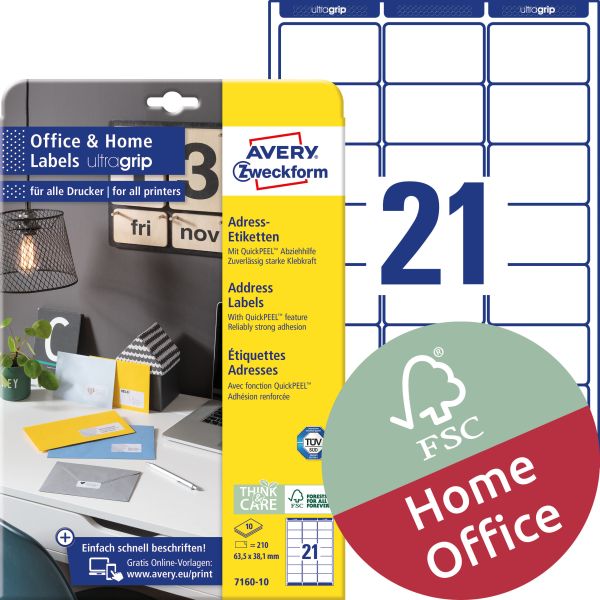 Avery zweckform etiketten 38.1x63.5mm 7160-10 weiss, perm. 10 blatt/21 stk. - Avery-zweckform-7160-10-4004182371602