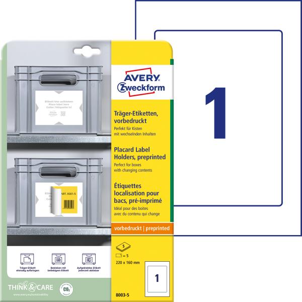 Avery zweckform träger-etiketten 220x160mm 8003-5 hellgrau 5 stk./5 blatt - Avery-zweckform-8003-5-4004182335000