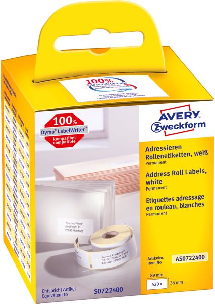 Avery zweckform adress-etiketten 89x36mm as0722400 weiss, rolle 2x260 stück - Avery-zweckform-as0722400-4004182617007