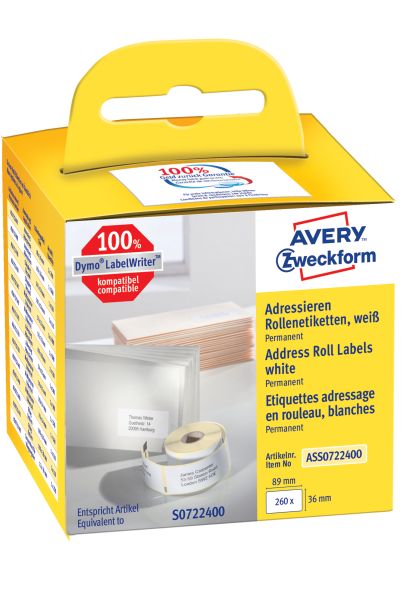 Avery zweckform adress-etiketten 89x36mm ass0722400 weiss, rolle 260 stück - Avery-zweckform-ass0722400-4004182617014