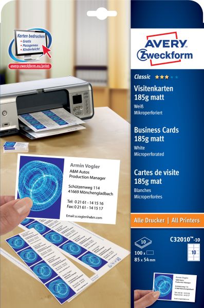 Avery zweckform prof. visitenkarten univer. a4 c32010-10 185g matt 10 blatt - Avery-zweckform-c32010-10-4004182242650