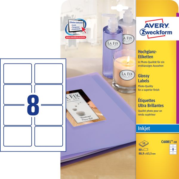 Avery zweckform etiketten 88,9x63,5mm c6081-10 weiss, glossy 80 stück - Avery-zweckform-c6081-10-4004182060810