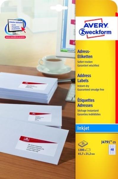 Avery zweckform adressetiketten 45,7x21,2mm j4791-25 inkjet, weiss 1200 stk./25 bl. - Avery-zweckform-j4791-25-4004182047910