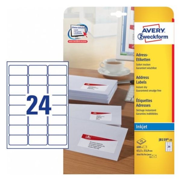 Avery zweckform adressetiketten 63.5x33.9mm j8159-25 weiss 25bl./24st. - Avery-zweckform-j8159-25-4004182235331