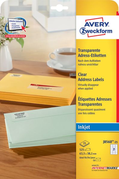 Avery zweckform etiketten j8560 j8560-25 63.5x38.1mm transp.525stk.20b - Avery-zweckform-j8560-25-4004182235362