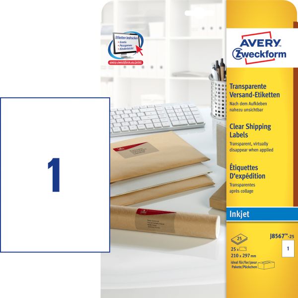 Avery zweckform etiketten 210x297mm j8567-25 transparent 25 stück - Avery-zweckform-j8567-25-4004182047231