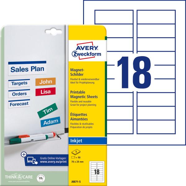 Avery zweckform magnet-schilder 78x28mm j8871-5 inkjet 90 stk./5 bl. - Avery-zweckform-j8871-5-4004182234372
