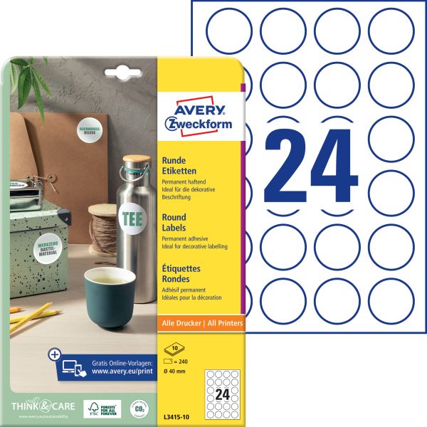 Avery zweckform universal-etiketten 40mm l3415-10 l3415-10 weiss 240 st./10 bl. - Avery-zweckform-l3415-10-4004182634172