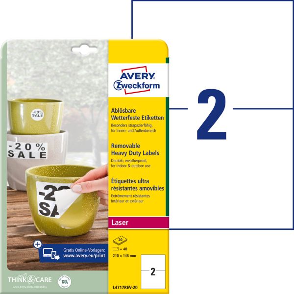 Avery zweckform etiketten laser 210x148mm l4717rev2 weiss,wetterfest,ablösbar 20b. - Avery-zweckform-l4717rev2-4004182049723