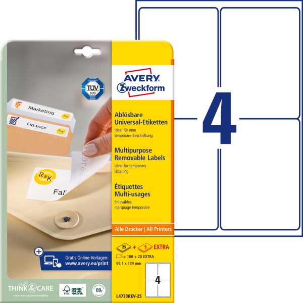 Avery zweckform universaletiketten 99,1x139mm l4733rev-25 weiss 120 stk./25 + 5 blatt - Avery-zweckform-l4733rev-25-4004182047330
