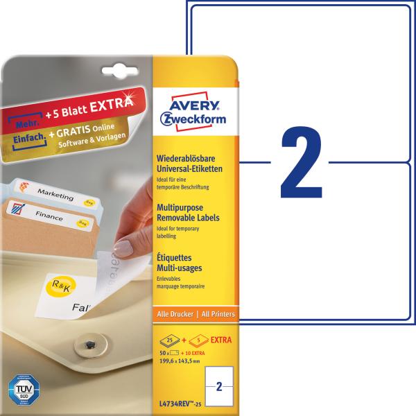Avery zweckform universaletik. 199,6x143,5mm l4734rev-25 weiss 60 stk./25 + 5 blatt - Avery-zweckform-l4734rev-25-4004182047347