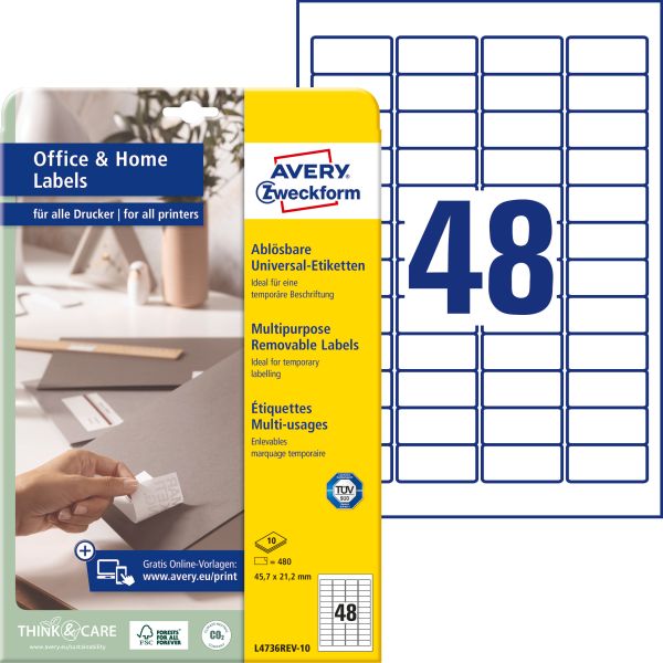 Avery zweckform etiketten 45,7x21,2mm l4736rev1 weiss 480 stück - Avery-zweckform-l4736rev1-4004182433157