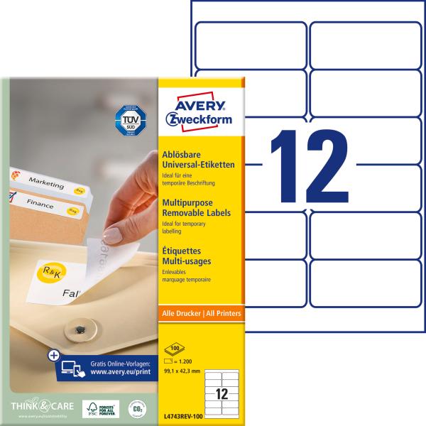 Avery zweckform universaletiketten 99,1x42,3mm l4743rev-100 weiss,non-perm. 1200st./10 b. - Avery-zweckform-l4743rev-100-4004182433317