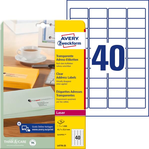 Avery zweckform adressetiketten 45,7x25,4mm l4770-25 laser, transp. 1000stk./25bl. - Avery-zweckform-l4770-25-4004182047705