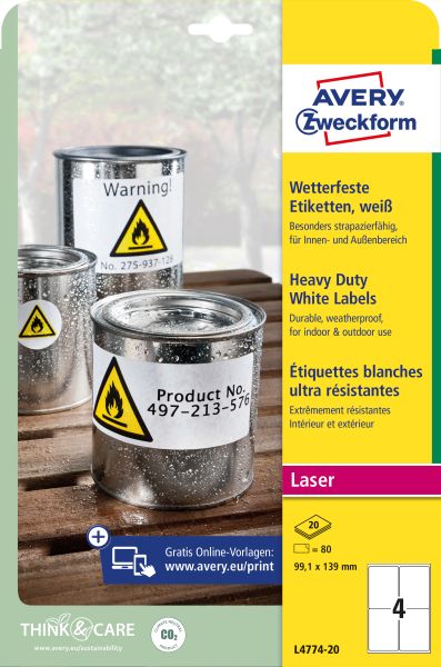 Avery zweckform etiketten 99.1x139mm l4774-20 wetterfest, weiss 20 blatt - Avery-zweckform-l4774-20-4004182047743