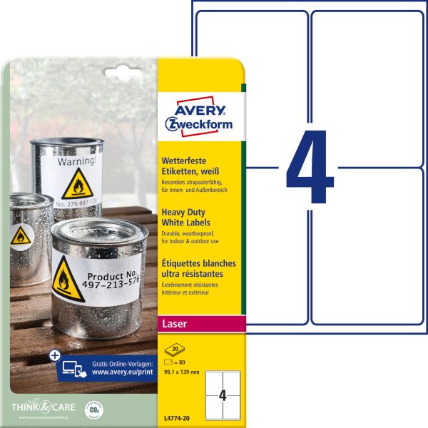 Avery zweckform etiketten laser 99,1x139mm l47748 weiss, wetterfest 8 blatt - Avery-zweckform-l47748-4004182076026