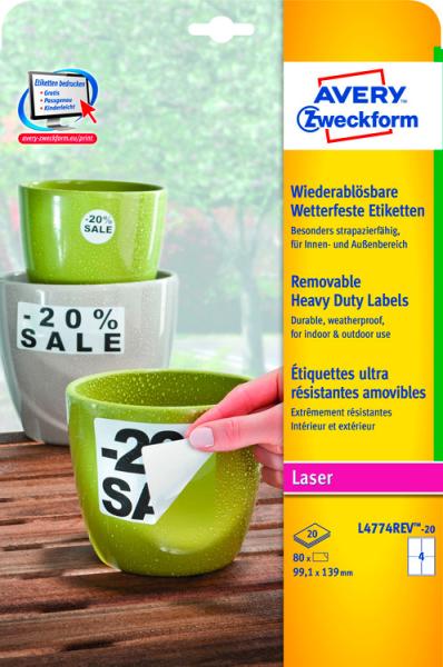 Avery zweckform folienetiketten 99,1x139mm l4774rev2 weiss,non-perm. 80 st. 20 bl. - Avery-zweckform-l4774rev2-4004182067499