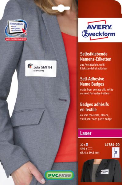 Avery zweckform namensetiketten 63.5x29.6mm l4784-20 laser, weiss 20bl./27stk. - Avery-zweckform-l4784-20-4004182047842