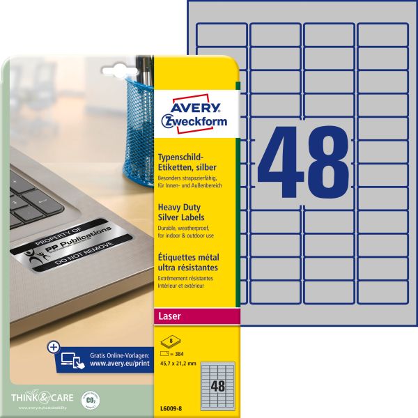 Avery zweckform typenschild labels 45,7x21,2mm l60098 silber 384 stück/8 blatt - Avery-zweckform-l60098-4004182076118