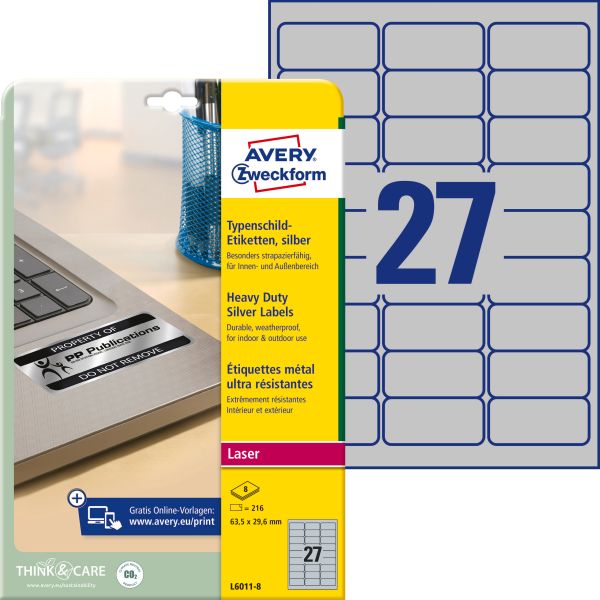 Avery zweckform typenschild-labels 63,5x29,6mm l6011-8 silber 216 stück/8 blatt - Avery-zweckform-l6011-8-4004182076125