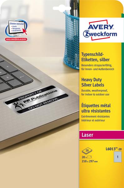 Avery zweckform typenschild-labels 210x297mm l6013-20 silber,laser 20 st./20 blatt - Avery-zweckform-l6013-20-4004182060131