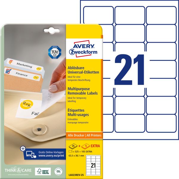 Avery zweckform universal-etikett. 63,5x38,1mm l6023rev-25 weiss 630 stk./25 + 5 blatt - Avery-zweckform-l6023rev-25-4004182060230