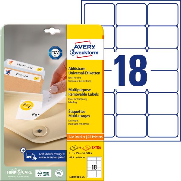 Avery zweckform etiketten 63,5×46,6mm l6025rev2 weiss 540 stk./25 + 5 blatt - Avery-zweckform-l6025rev2-4004182060254