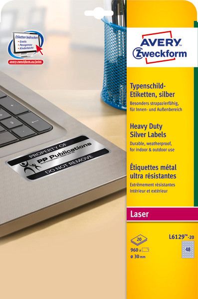 Avery zweckform typenschild label 30mm l612920 silber,rund 960 stück/20 blatt - Avery-zweckform-l612920-4004182048382