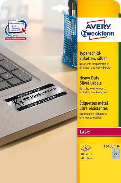 Avery zweckform typenschild label 70x37mm l613320 silber 480 stück/20 blat - Avery-zweckform-l613320-4004182049839