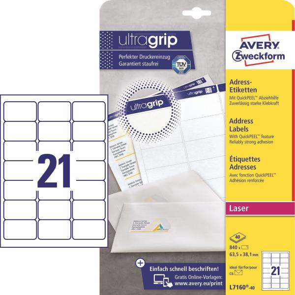 Avery zweckform adressetiketten 63.5x38.1mm l7160-40 weiss 840 stk./40 blatt - Avery-zweckform-l7160-40-4004182235201