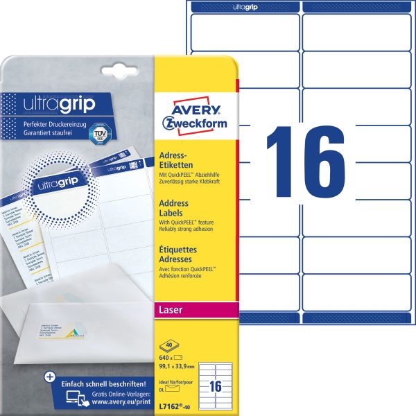 Avery zweckform adressetiketten 99,1x33,9mm l7162-40 weiss 640 stk./40 blatt - Avery-zweckform-l7162-40-4004182235218