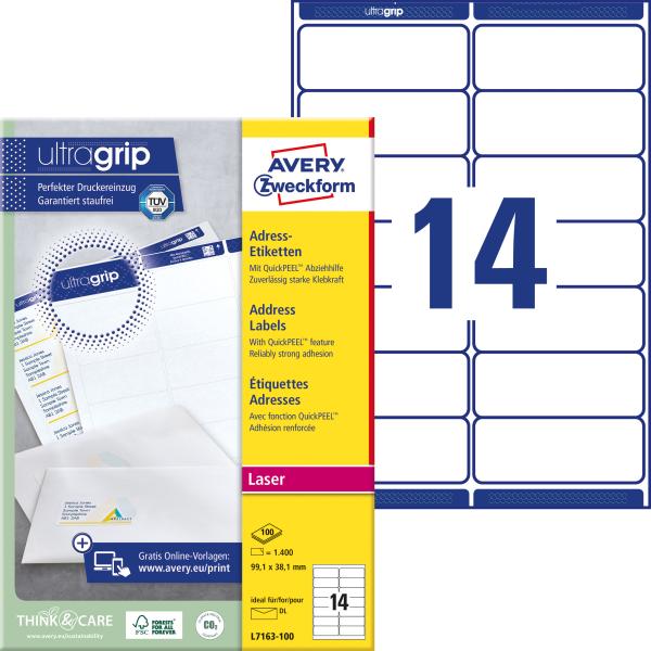 Avery zweckform adressetiketten 99,1x38,1mm l7163-100 weiss 1400 stk./100 blatt - Avery-zweckform-l7163-100-4004182471630