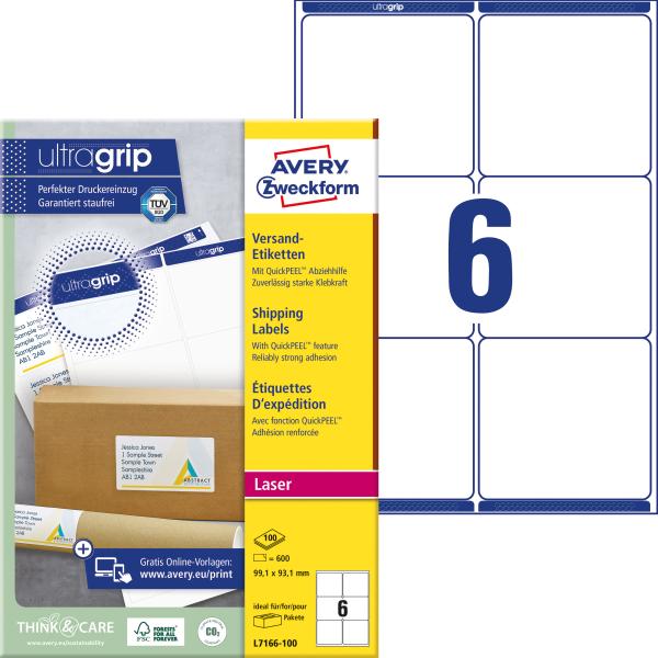Avery zweckform versand-etiketten 99,1x93,1mm l7166-100 weiss 600 stk./100 blatt - Avery-zweckform-l7166-100-4004182471661