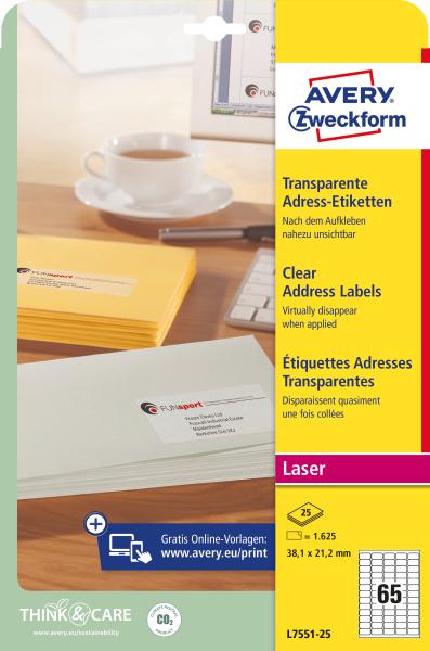 Avery zweckform adress-etik. laser 38x21,2mm l7551-25 transparent 1625 st./25 blatt - Avery-zweckform-l7551-25-4004182967454-05.jpg