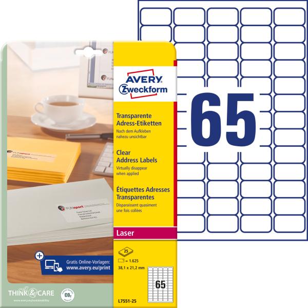 Avery zweckform adress-etik. laser 38x21,2mm l7551-25 transparent 1625 st./25 blatt - Avery-zweckform-l7551-25-4004182967454