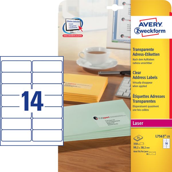 Avery zweckform adressetiketten 99,1x38,1mm l7563-25 transparent 350 stück - Avery-zweckform-l7563-25-4004182236505
