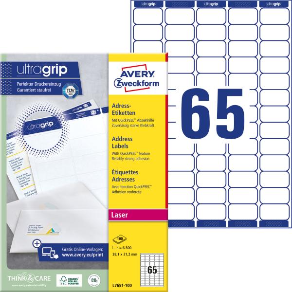Avery zweckform adressetiketten 38,1x21,2mm l7651-100 weiss 6500 stk./100 blatt - Avery-zweckform-l7651-100-4004182476512