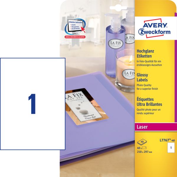 Avery zweckform etiketten a4 l7767-40 weiss, glossy 40 stück - Avery-zweckform-l7767-40-4004182230251