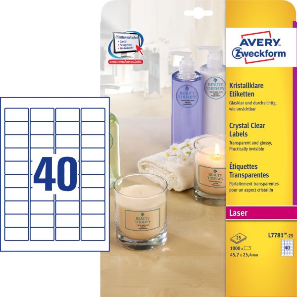 Avery zweckform etiketten 45,7x25,4mm l7781-25 transparent 1000 stück - Avery-zweckform-l7781-25-4004182252536