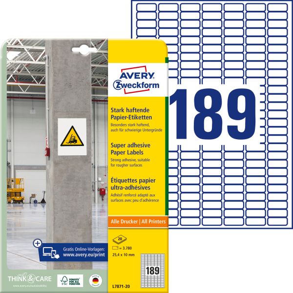 Avery zweckform etiketten univ. 25.4x10mm l7871-20 weiss, stark haftend 20 blatt - Avery-zweckform-l7871-20-4004182070031