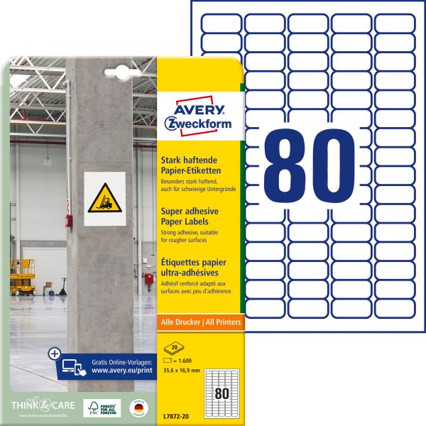 Avery zweckform etiketten univ. 35.6x16.9mm l7872-20 weiss, stark haftend 20 blatt - Avery-zweckform-l7872-20-4004182070048