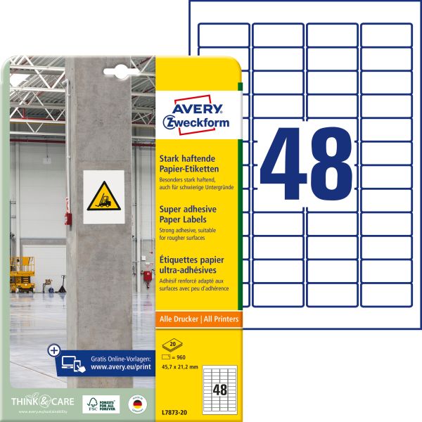 Avery zweckform etiketten univ. 45.7x21.2mm l7873-20 weiss, stark haftend 20 blatt - Avery-zweckform-l7873-20-4004182070055