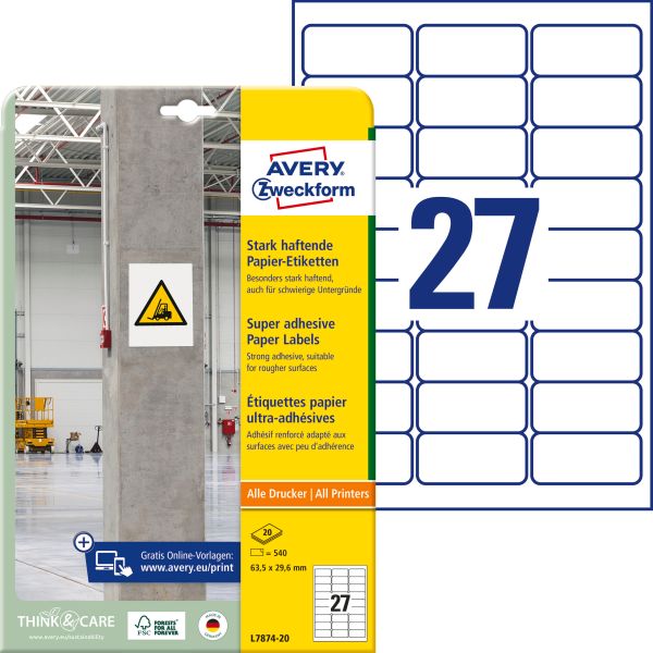 Avery zweckform etiketten univ. 63.5x29.6mm l7874-20 weiss, stark haftend 20 blatt - Avery-zweckform-l7874-20-4004182070062